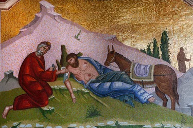 Kykkos klooster, Cyprus. Mozaïek. De barmhartige Samaritaan, 20150510, Pedoulas, Cyprus