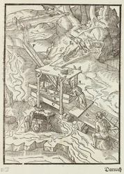 Wassen van gouderts - Gravure uit Beschrijving van de ertsen en de belangrijkste mijnbouwmethoden, door Lazarus Ecker