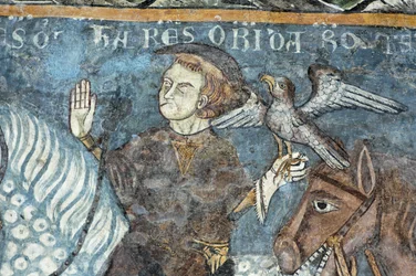 Legende van de stichting van de Abdij van Vezzolano: Koning Karel de Grote (742-814) ging op valkenjacht. Er werd gezegd dat dit de oorsprong was van de bouw van de abdij. Fresco van de kloostergang van de Abdij van Vezzolano. Piëmont, Italië.