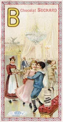Letter B: bal, balkon, drankjes, kaarsen, dienstmeid, bank. Gravure van het Alfabet uitgegeven door Chocolat Suchard, begin 20e eeuw.