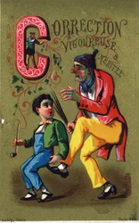 Letter C: Sterke en verdiende correctie. Gravure in "Alphabet des grotesques". Serie van 25 reclamechromolithografieën op een gouden achtergrond, eind 19e eeuw.