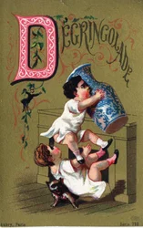Letter D: Degringolade. Gravure in "Alphabet des grotesques". Serie van 25 reclamechromolithografieën op een gouden achtergrond, eind 19e eeuw.