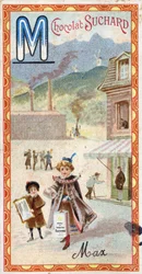 Letter M: berg, spiegel, machine, fabriek, jas, bedelaar, molen. Gravure van het Alfabet uitgegeven door Chocolat Suchard, begin 20e eeuw. 24 chromolithografieën die plaatsen, personages en objecten voorstellen om in het beeld te ontdekken