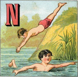 Letter N voor zwemmen. Gravure in 
