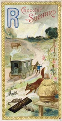 Letter R: stralen, herkauwer, aanhanger, bijenkorf, vos, ratten, roos. Gravure van het Alfabet uitgegeven door Chocolat Suchard, begin 20e eeuw. 24 chromolithografieën.