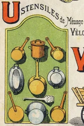 Letter U. Cocote, fornuis, eekhoorn, pan... Gravure in "ABC Toys". Epinal imaging in chromolithografie, circa 1890.