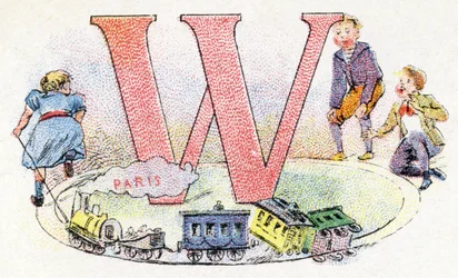 Letter W: Wagon. Alfabet van Phosphatine Falieres. Gravure. Brevete alfabet S.G.D.G. door apotheker Pierre Emile Falieres. Illustraties in chromolithografie, eind 19e eeuw.