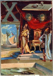 Letter X: Xerxes I; xylografie; xiphias. Alfabet. Chromolithografieën van Parijse Lithografie, circa 1890.