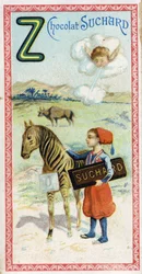 Letter Z: zefier, zouaaf, zebu, zebra, nul. Gravure van het Alfabet uitgegeven door Chocolat Suchard, begin 20e eeuw. 24 chromolithografieën.