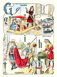 Letters G, I en H. Kinderen spelen gondel, keizerin en harmonica. Gravure in "Leuk Alfabet". Beelden van Pont-a-Mousson. Druk en uitgave Louis Vagne, eind 19e eeuw.