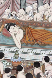 Leven van Boeddha. Na 45 jaar het Dharma onderwezen te hebben, ging de Boeddha over in Parinirvana, Seoul, Zuid-Korea