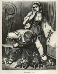 Klein Kippetje en zijn broers smeekten de reus hen niet te doden. Gravure door Gustave Doré (1832-1883) uit 