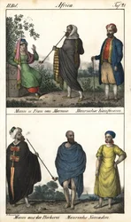 Man en vrouw uit Marokko, boven een Moorse koopman en een Marokkaans paar, een Moorse koopman, en onder een Berberman in een jas en een paar Moorse nomaden. Lithografie voor het boek ‘Galerie complète en tableaux fidèles des peuples d