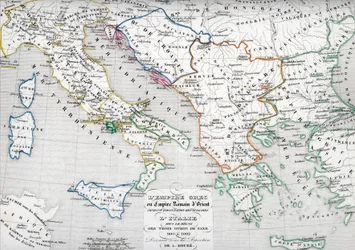 Kaart van het Byzantijnse Rijk tijdens de bezetting door Bulgaren en Italië tijdens het bewind van Otto I, Otto II en Otto III Heilige Roomse keizer