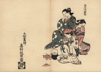 Miasma (Sawaki no tei), met drie courtisanes in de plezierwijken van Yoshiwara. Houtsnede door Masanobu Okumura (1686-1764) uit Fuzoku Emakimono, Beeldrol van de Waterhandel, Tokio, herdruk circa 1880.