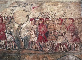 Militaire vergadering voorgezeten door koning James I van Aragon, bekend als de Veroveraar, fresco van het Palau Reial Major, Barcelona