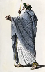 Mythen en Legendes: Karakter uit de legende van Koning Arthur. Merlin de betoverende. Kleurrijke gravure uit de 19e eeuw.