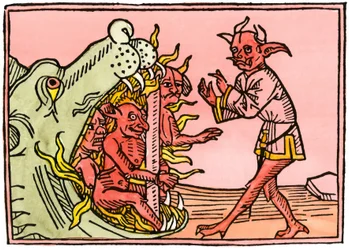 Mythen en legendes: Drakenmond in de hel brandende demonen. Kleurengraving uit een editie van Augsburg