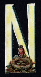 N als Nest. Kever decoupis over het thema dieren. Gravure. Serie van 26 wafelchromolithografieën van Engelse oorsprong. Eind 19e eeuw.
