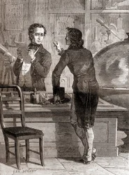Nicéphore Niépce, terwijl hij nog onbekend en arm was, in de optische en instrumentenwinkel van Charles Chevalier, uit Les Merveilles de la Science, gepubliceerd ca. 1870 (gravure)