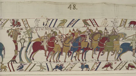 Normandische soldaten verlaten Hastings om te vechten met Harold, Bayeux Tapestry (wol borduurwerk op linnen)