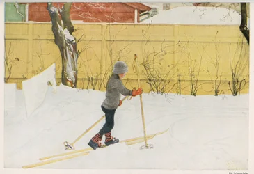 Een van de kinderen van de Zweedse illustrator Carl Larsson (1853-1919) leert skiën. Tekening uit 