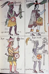 Opochtli, Xipe Totec, Yacatecuhtli en Nappatecutli, pagina uit Florentijnse Codex, versie in Spaans en Nahuatl, Algemene Geschiedenis van de Dingen van Nieuw-Spanje (Historia general de las cosas de Nueva Espana), Azteeks