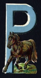 P als Pony. Kever decoupis over het thema dieren. Gravure. Serie van 26 wafelchromolithografieën van Engelse oorsprong. Eind 19e eeuw.