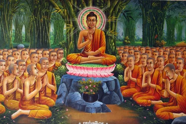 Schilderij dat Boeddha afbeeldt die lesgeeft aan monniken Udong Cambodja