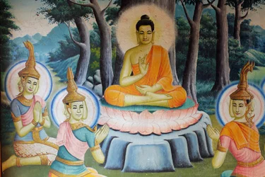 Schilderij dat het leven van Boeddha afbeeldt in Wat Nokhor Kompong Cham Cambodja