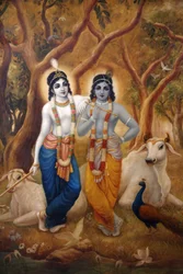 Schilderij van de hindoegod Krishna naast zijn broer Balaram, India