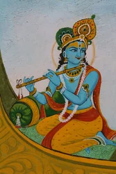 Schilderij dat Krishna op een boot afbeeldt. India