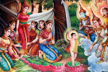 Schilderij dat het levensverhaal van Shakyamuni Boeddha uitbeeldt. Geboorte van Boeddha in het Lumbini-bos. Kep, Cambodja.