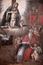 Schilderij in de Tricase kerk: Sint Marcus schrijft het Evangelie, Tricase, Italië