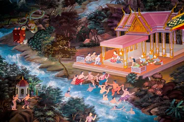 Schilderijen van dorpsscènes met Boeddha in Thailand, Wat bang riang, Thub Pat / Schilderijen, Wat bang riang, Thub Pat, Phang Nga, Thailand, Azië (foto)