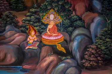 Dorpsscènes met Boeddha in Thailand, Wat Bang Riang, Thub Pat, Phang Nga, Thailand