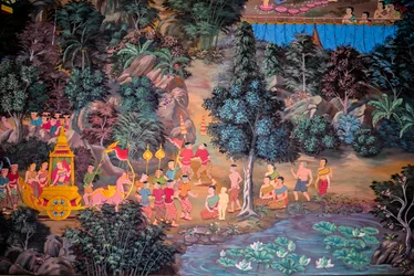 Dorpsscènes met Boeddha in Thailand, Wat Bang Riang, Thub Pat, Phang Nga, Thailand