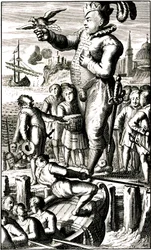 Pantagruel stuurt nieuws naar Gargantua via een postduif (Rabelais)