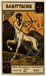 Paranormaal. Astrologie. Boogschutter (de Boogschutter). Astrologische kaart uit: Le Tarot Astrologique, door Georges Muchery, Frankrijk
