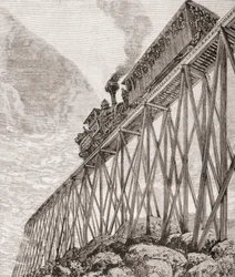 Deel van een vier kilometer lange spoorweg in New Hampshire, Verenigde Staten, gebouwd voor recreatieve reizen en voor passagiers om te genieten van panoramische uitzichten, ca. 1880, uit 