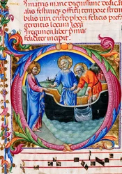 Piccolomini Bibliotheek: koorboek, cod. 27.11, ff. 1r met Roeping van St. Peter en St. Andrew (detail)