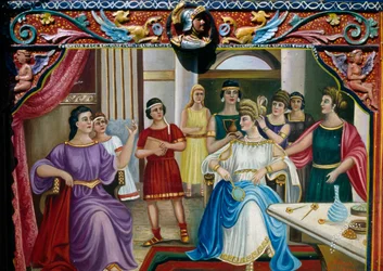 Schildering op Siciliaanse kar die Romeinse matrone afbeeldt, Detail
