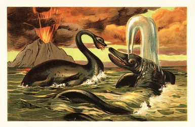 Plesiosaurus en Ichthyosaurus vechtend voor een uitbarstende vulkaan, 1908