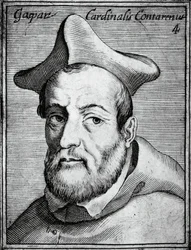 Portret van Gasparo Contarini, Italiaanse kardinaal en bisschop, gravure uit Illustrissimorum, omnique virtutis, et scientiarum laude praestantissimoru virorum icones, door Claudius Pernetus