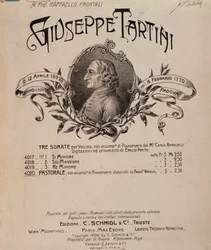 Portret van Giuseppe Tartini. Frontispice van muziekpartituur van Sonates