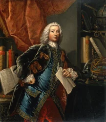 Portret van een heer in zijn studeerkamer met wetenschappelijke instrumenten, ca. 1750