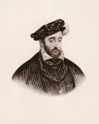 Portret van de koning van Frankrijk Hendrik II. Gravure uit de 19e eeuw