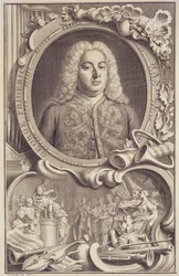 George Frederick Handel (1685-1759), frontispice voor "Israel in Egypt", gegraveerd door Jacobus Houbraken (1698-1780)