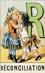 R : Verzoening - Gravure uit ABCD van kleine meisjes. Pellerin & Cie, drukker-uitgever, Epinal, circa 1890. Serie A. Afmetingen: 19 x 13,5 cm