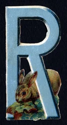R als Konijn. Kever decoupis over het thema dieren. Gravure. Serie van 26 wafelchromolithografieën van Engelse oorsprong. Eind 19e eeuw.